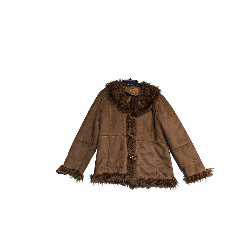 Gazoz Womens Vegan Faux Suede & Fur Brown Embroidered Coat EG/XL